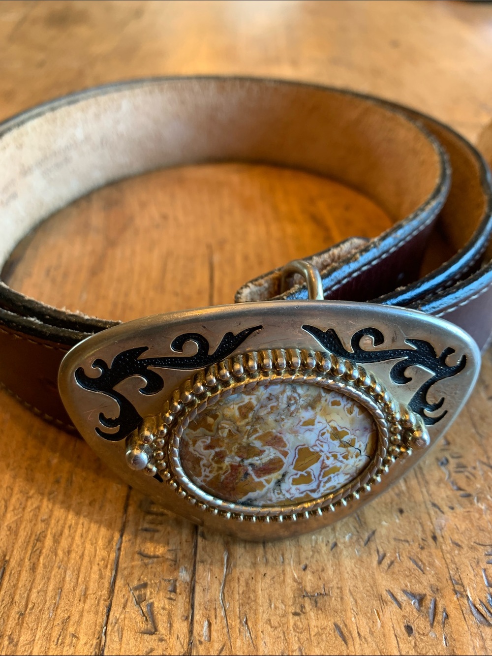 Brown Leather Belt with Agate Stone Buckle - Picture 3 of 16